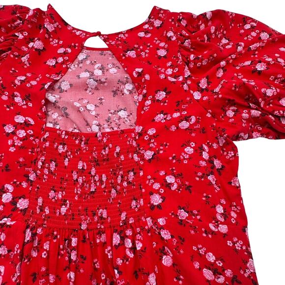 OLD NAVY 2X Red Pink Floral Rose Prairie Cottage Short Sleeve Smocked Maxi Dress - Picture 2 of 13